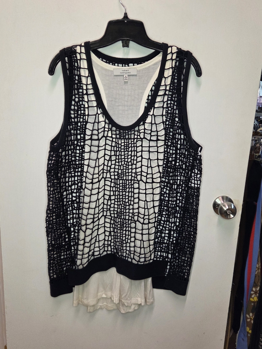 Robert Rodriguez Layered Crochet Knit Tank Top Black White Croc Pattern Size M